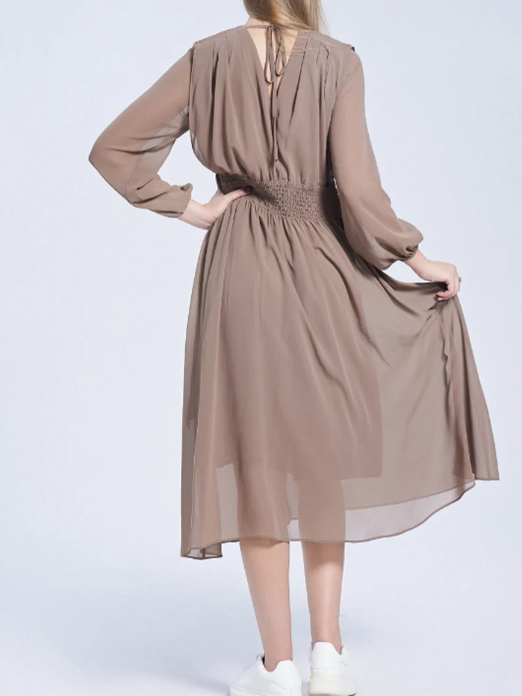 Vestidos de Gasa Fluidos con Cintura Ajustable para Mujer, Vestido Largo con Escote en V y Mangas Largas para Invitadas de Boda, Vestido Plisado en Línea A