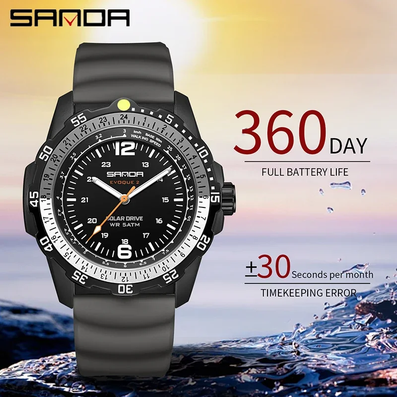 SANDA 6302 Hands Waterproof Sport Student Wristwatch Innovative Design Men's Solar powered Watch Creative Quartz Dial Luminous