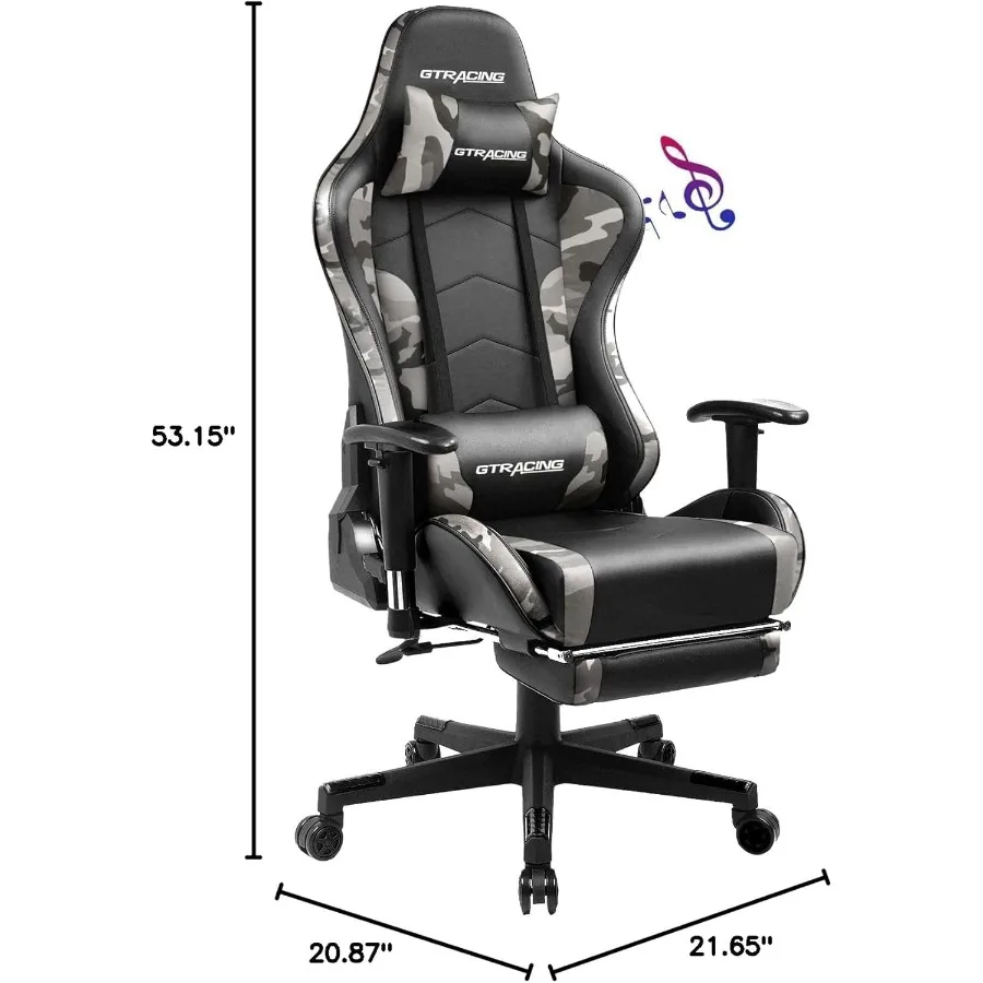 كرسي ألعاب مع مكبرات صوت بمسند للقدمين، كرسي ألعاب فيديو، موسيقى بلوتوث، كرسي مكتب مريح للكمبيوتر