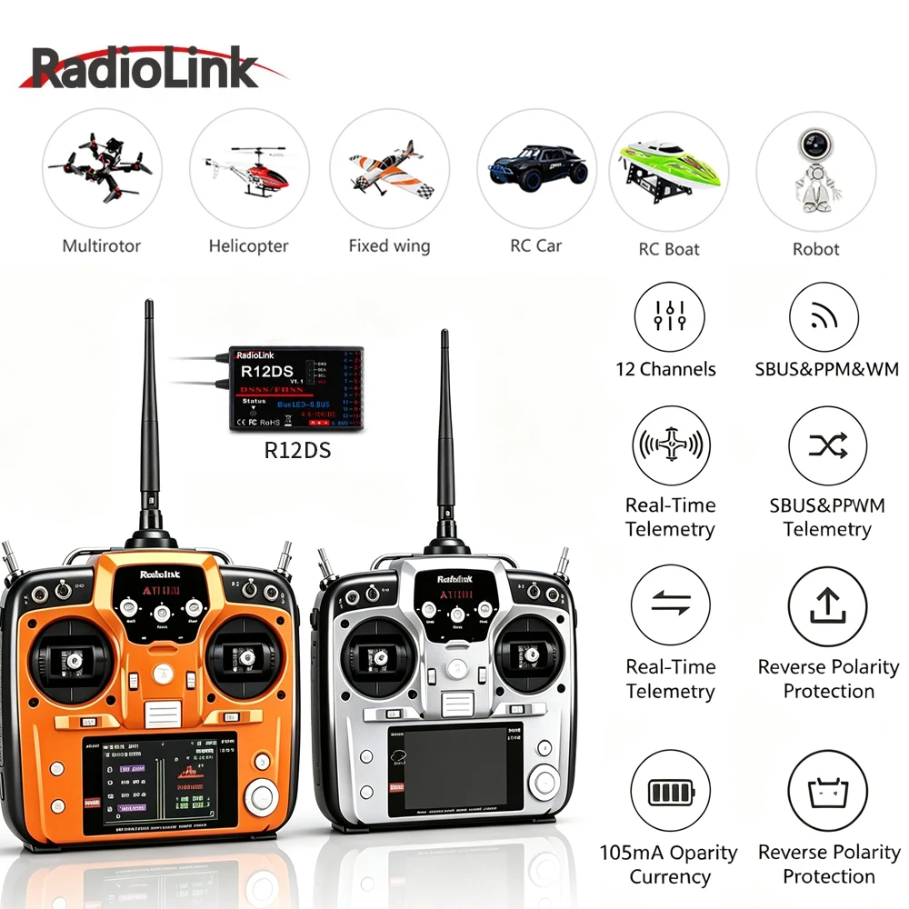 Radiolink AT10II 12CH 2.4GHz RC Radio Remote Controller Transmitter R12DS Receiver DSSS FHSS for Drone Fixed Wing Multicopter