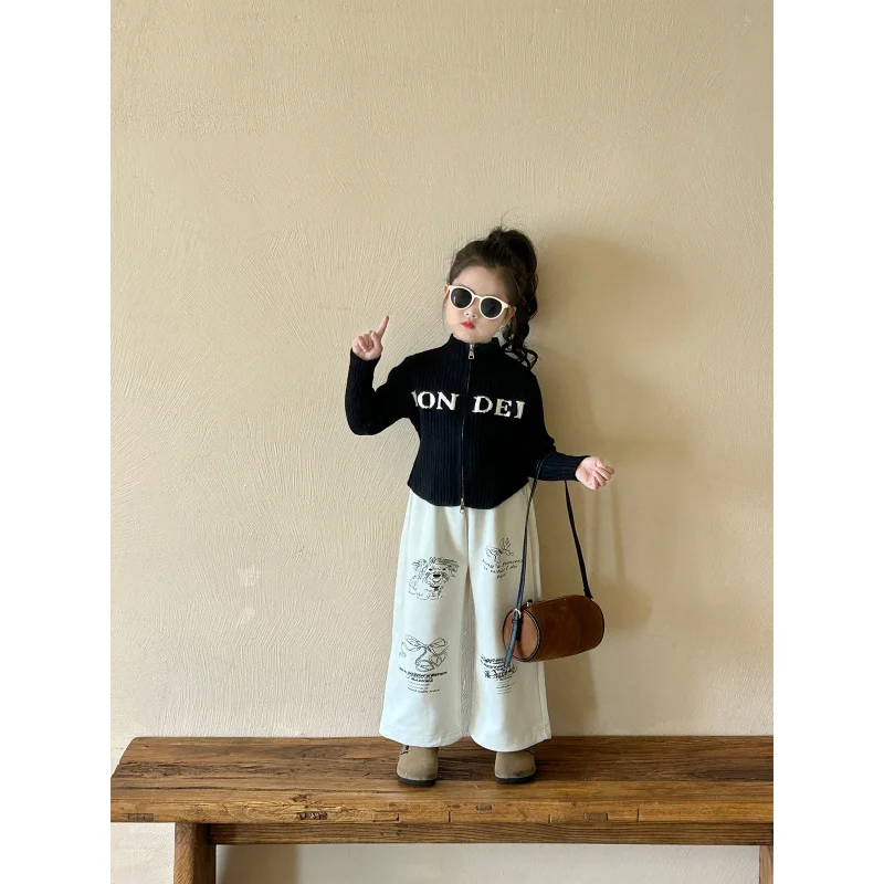 Girls' Sweater2024Autumn New Children2-7Children's Knitted Coat Basic Style Zip-up Shirt