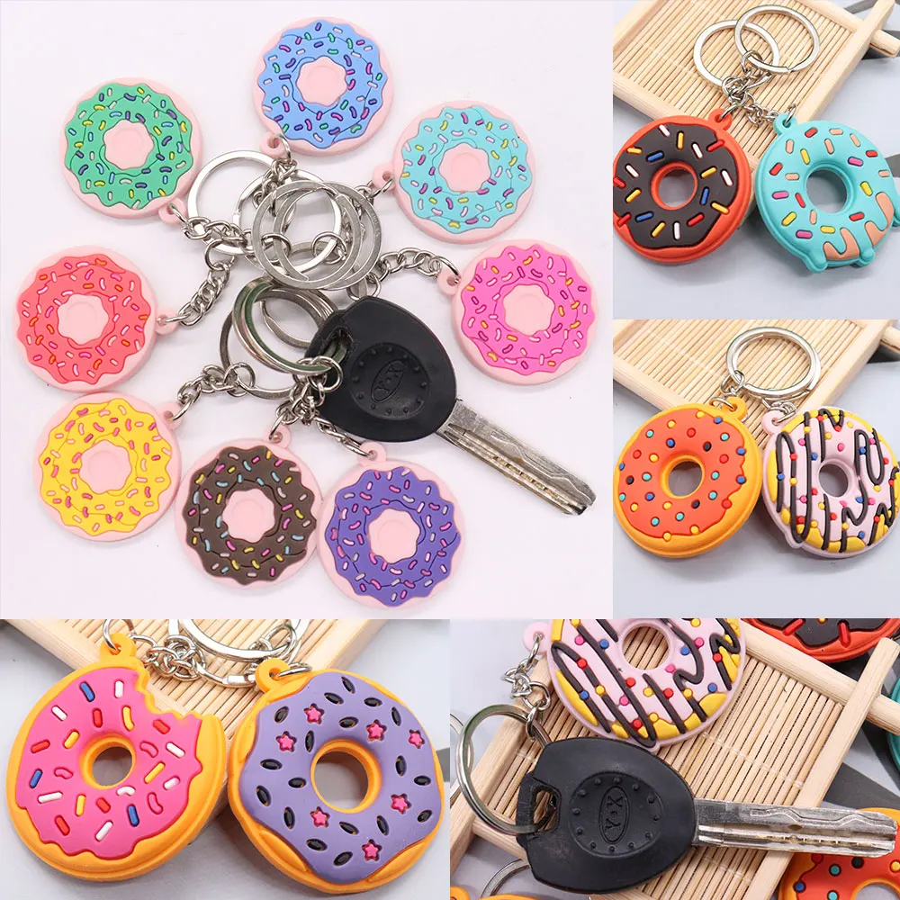 1PCS PVC Keychain Key Rings Cute Dessert Donut Cake Pattern Key Holders Fit Adult Car Keys Kids Trinkets Gift