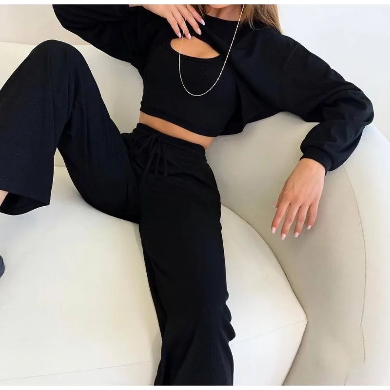 3PCS Women's Fashion Round Neck Crop  Long Sleeve Top & Pants Set Temperament Female Casual Clothes 3 Piece Set Outfit for Women