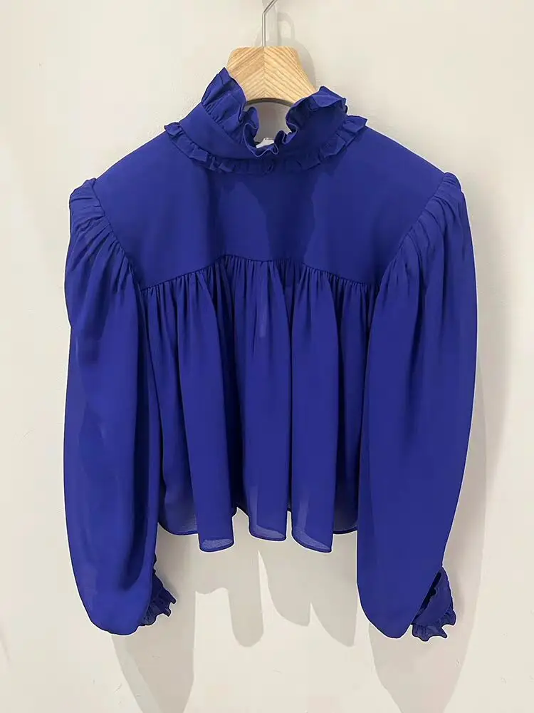 

LIMANER2026 Early Spring New Sle Women's Bubble Long Sve irt Stand Collar Lace Hem Slimming ort Length Casual Cotton