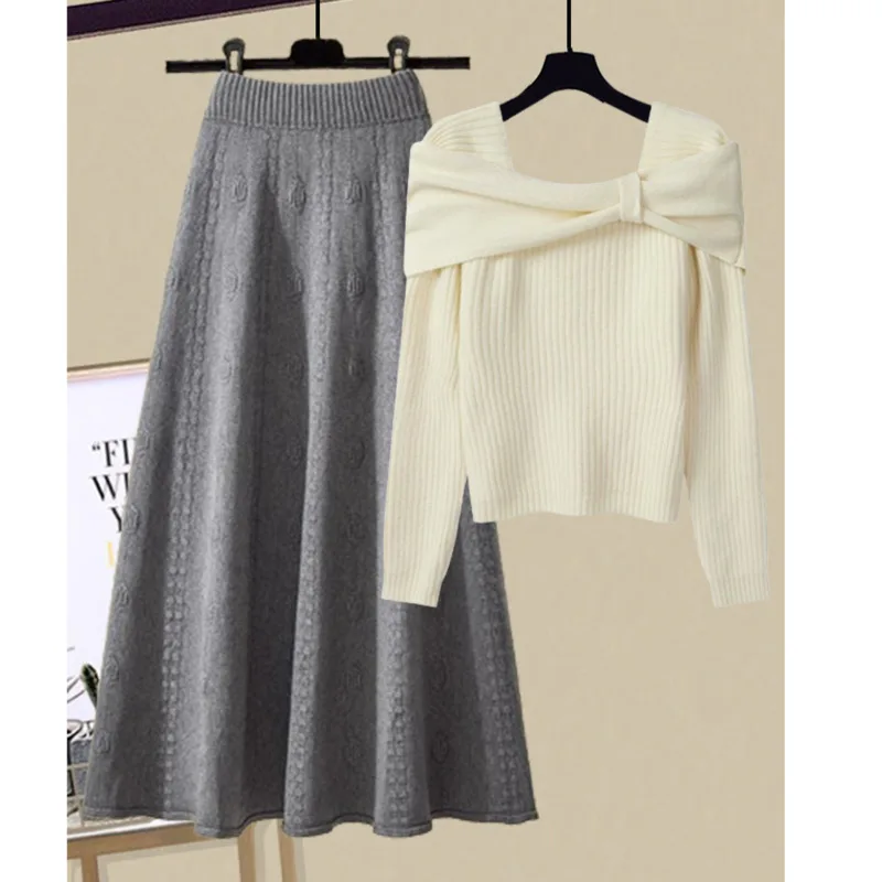 Fall Winter Knitted 2 Pieces Sets Women Outfits Sweet Korea Fashion Elegant Bow Collar Sweater+high Waist Skirt Set Clothing