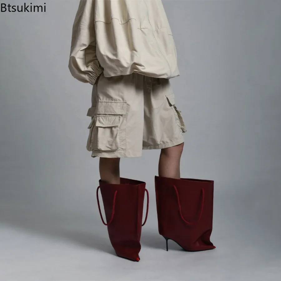 New Autumn Winter Women's Pointed Toe Mid Calf Bag Booties Super Big Top Half Wide Fit High Slim Heels Loose Fashion Short Boots - view 3