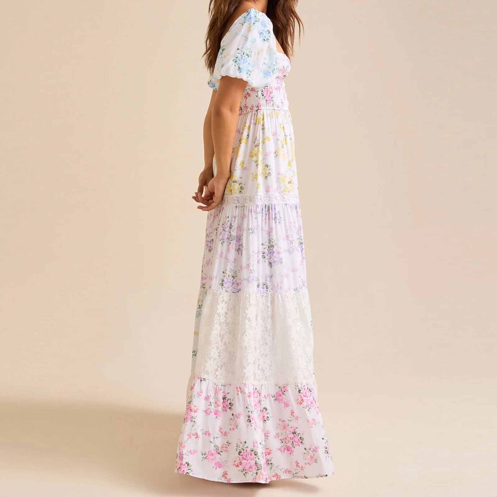 Summer Women Elegant A-Line Dress Casual Ruffled Hem Floral Print Short Sleeve Party Dress for Cocktail Party Clothes