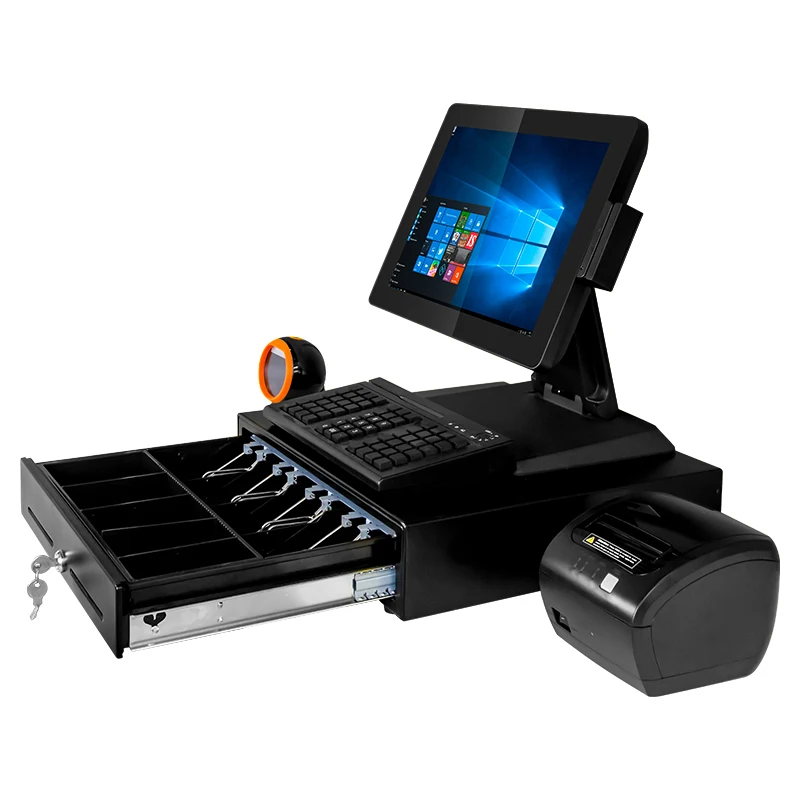 All in One Pos 15 Inch Touch/ Desktop Computer with Barcode Reader Pos  Terminal with Thermal Printer Cash Box