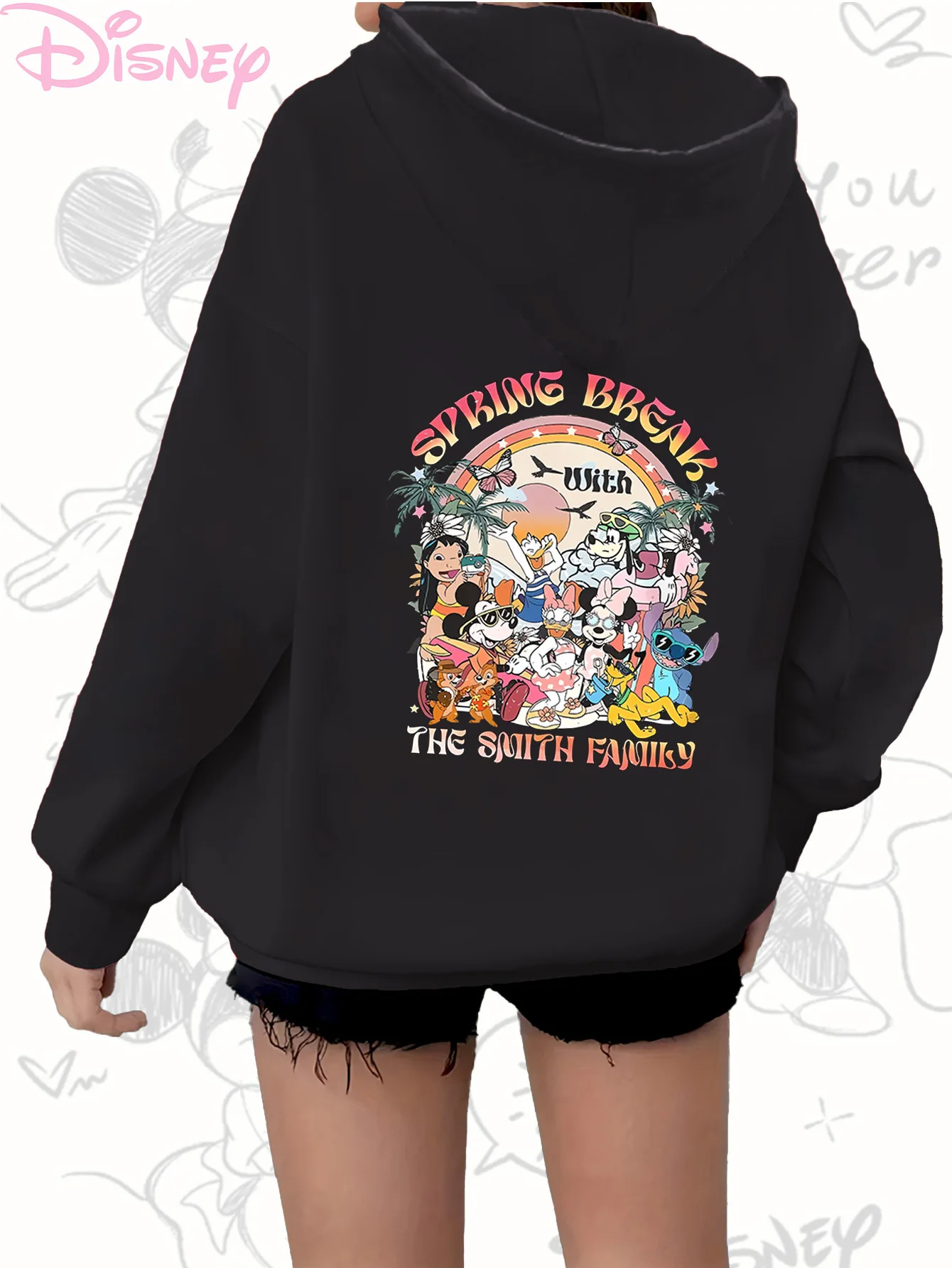 Novo moletom feminino estampado da série Disney Mickey Family com cordão e zíper manga comprida gola redonda pulôver