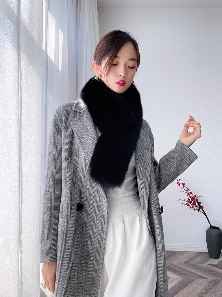 70CM Winter 100% Natural Real Fox Fur Scarf Trim Straight Collar Women\'s Neck Keep Warm Decorate Clip Scarves Luxury Thick Shawl