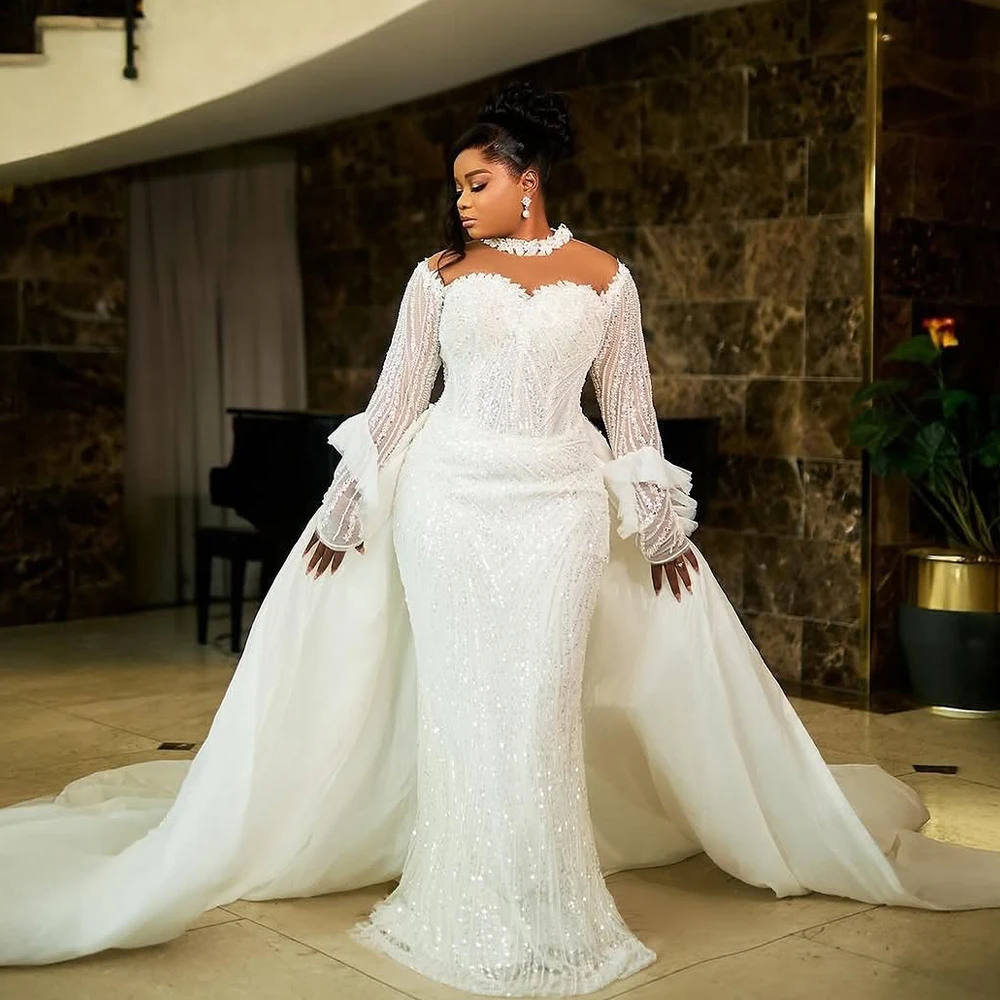 

2026 Luxury Mermaid Wedding Dresses with Detachable Train O Neck Long Sleeve Beading Sequined African Bridal Gowns Customized