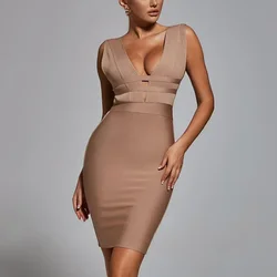 Deep V-Neck Hollow Bandage Dress Sexy Sleeveless Backless Skinny Banquet Party Dress Solid Color
