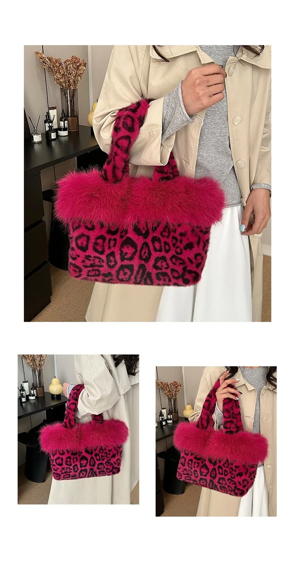 Elegante Leopardenmuster-Pelztasche, weiche, warme Schultertasche, geräumige, pelzige Handtasche für Damen. – Detail 6