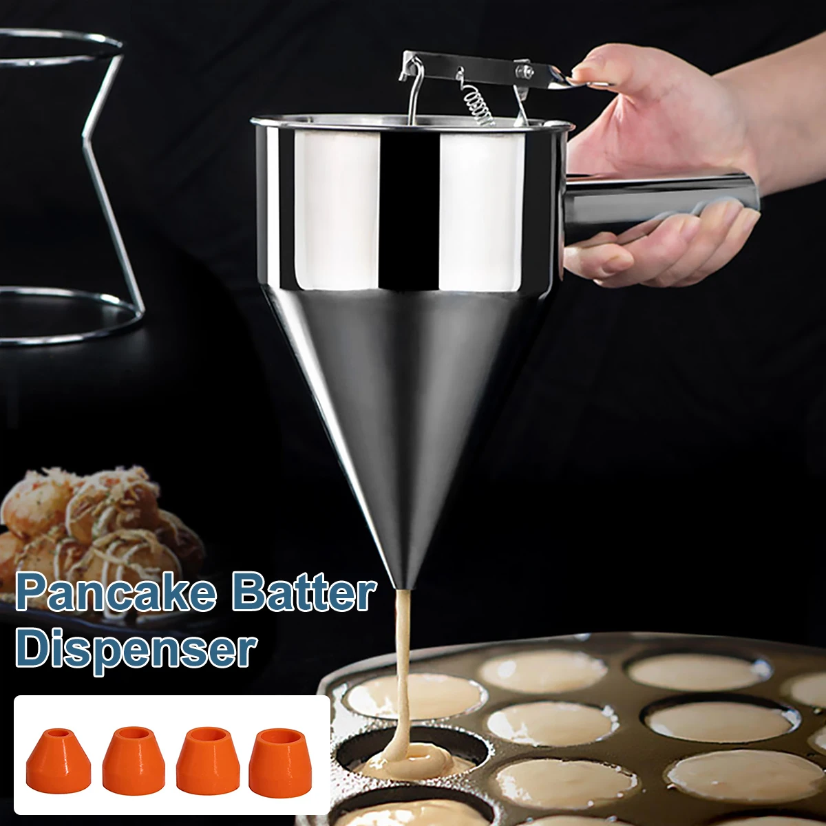 20oz Pancake Batter Dispenser With Stand & 4 Nozzles | Stainless Steel Piston Funnel For Griddle, Baking