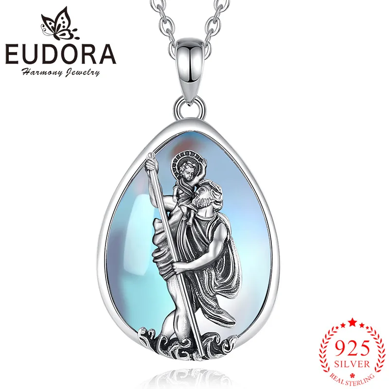 

Eudora 925 Sterling Silver Saint Christopher Necklace Men Women Vintage Moonstone Pendant Religious Jewelry Personality Gift