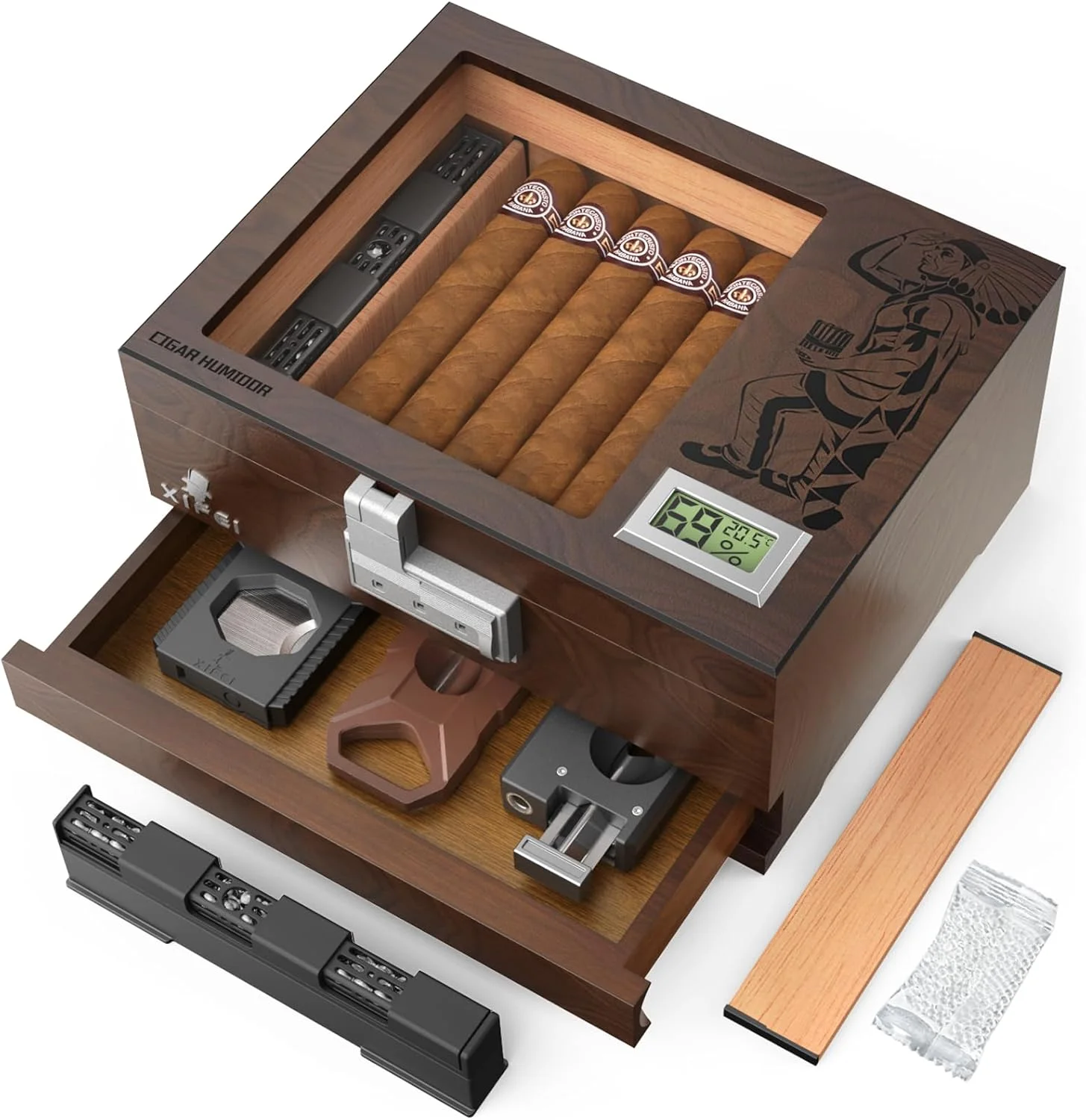 Cigar Humidor Glass Top Box with Digital Hygrometer,Humidifier,Accessories Drawer,Divider,Cedar Wood Desktop  Case with Lock