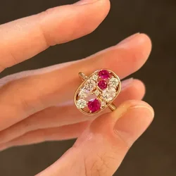 Light luxury irregular inlay double color white red gems rings for women High quality hollow out oval Twists ring fien jewelry