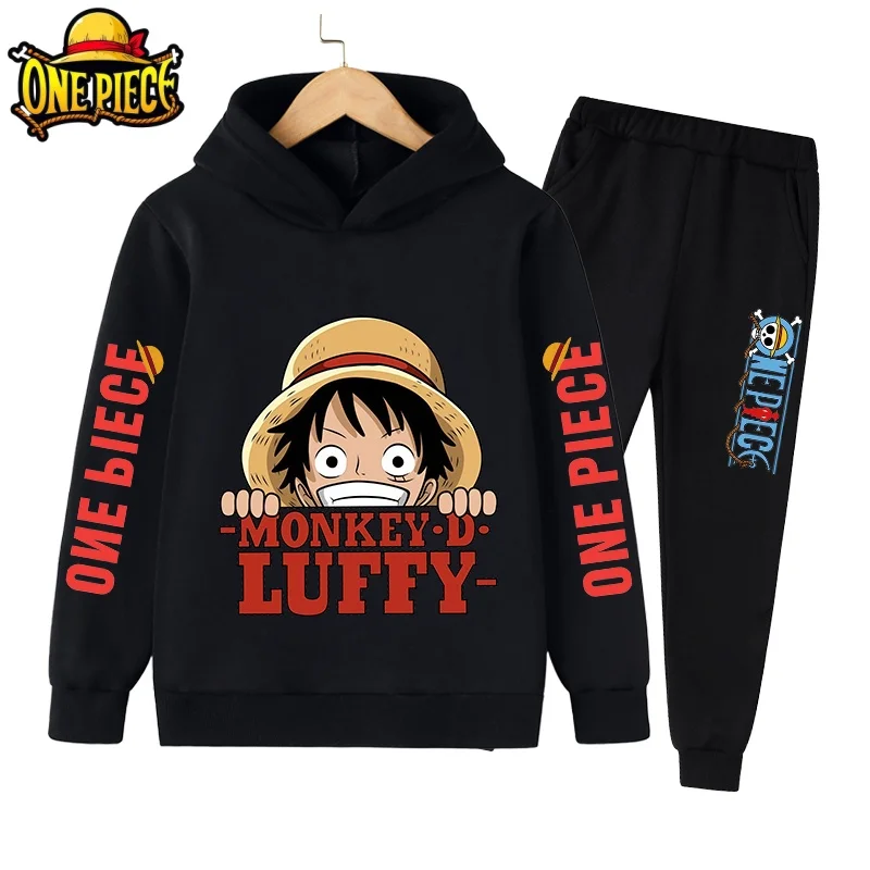 

2026 Spring Autumn Cartoon One Pieces Luffy Zoro Hoodie Pants 2Piece Set for Kids Boys Pullover Hooded Hip Hop Outfit Clothing