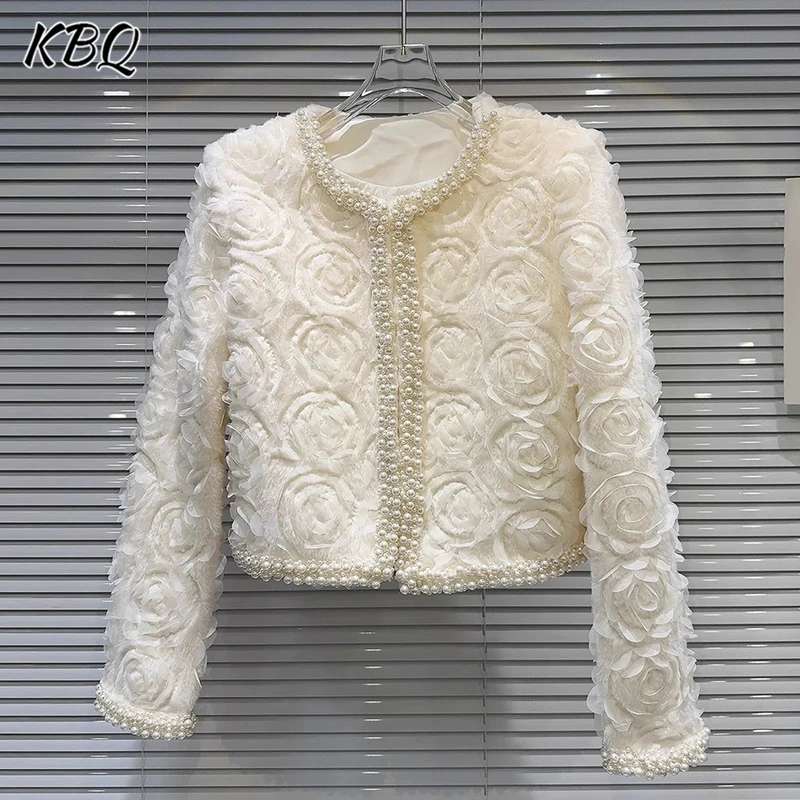 KBQ New Solid Patchwork Pearls Luxury Style Coats For Women O Neck Long Sleeve Spliced Appliques Temperament Jackets Fashion