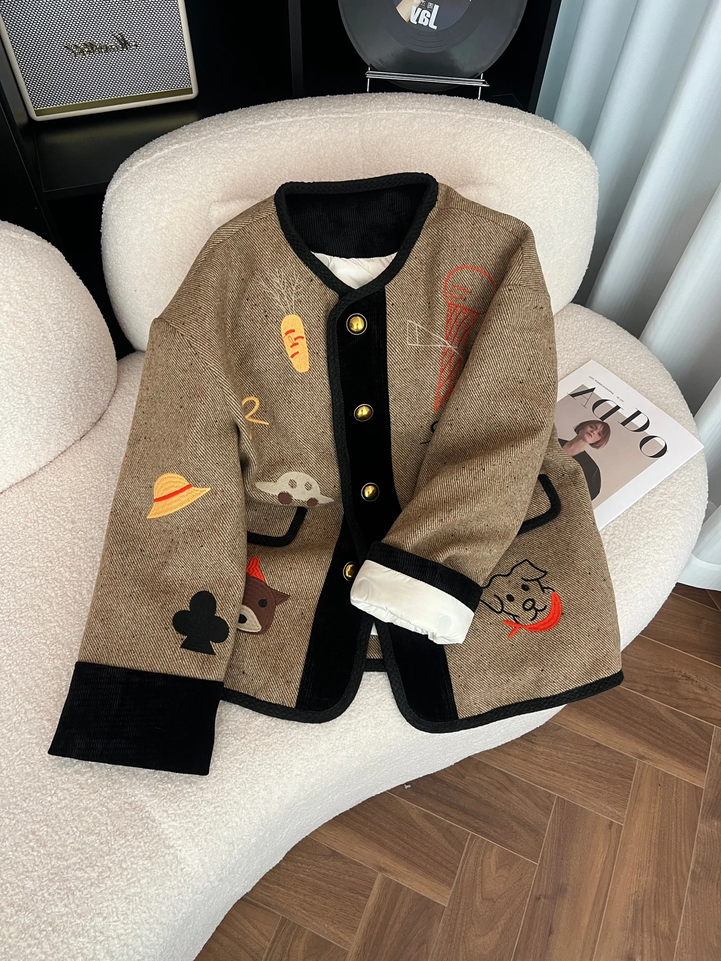 

Fashionable Retro Printed round Neck Jacket Loose Fit Unisex Spring Autumn Korean Style Small Size Slimming Top for Women