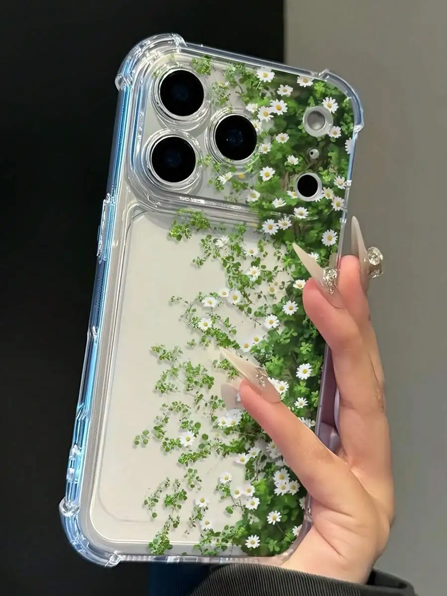 

Transparent Floral Phone Case With Raised Edge For iPhone 15 16 17 14 13 12 Pro Max Plus