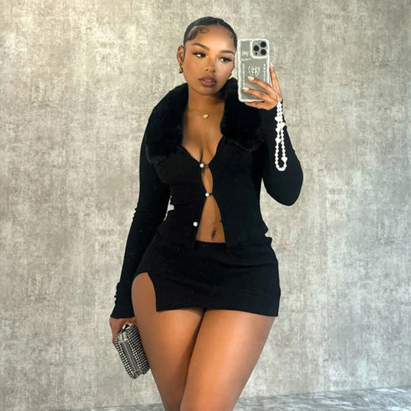 BIIKPIIK Sexy Fur Collar Wrap Hip Skirts Sets Clubwear Hollow Out Crop Top + Vent Skinny Mini Skirt Autumn Winter Two Piece Suit