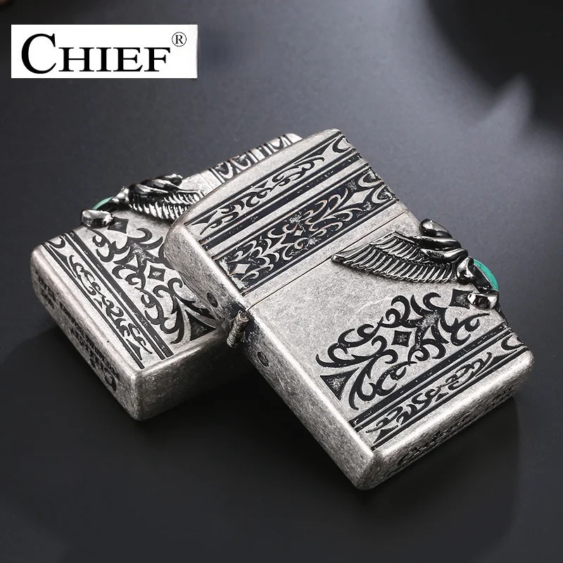 CHIEF Retro Pattern Grinding Wheel Flint Lighter Personalized Sticker Antique Silver Double Plated Metal Men's High-End Gifts