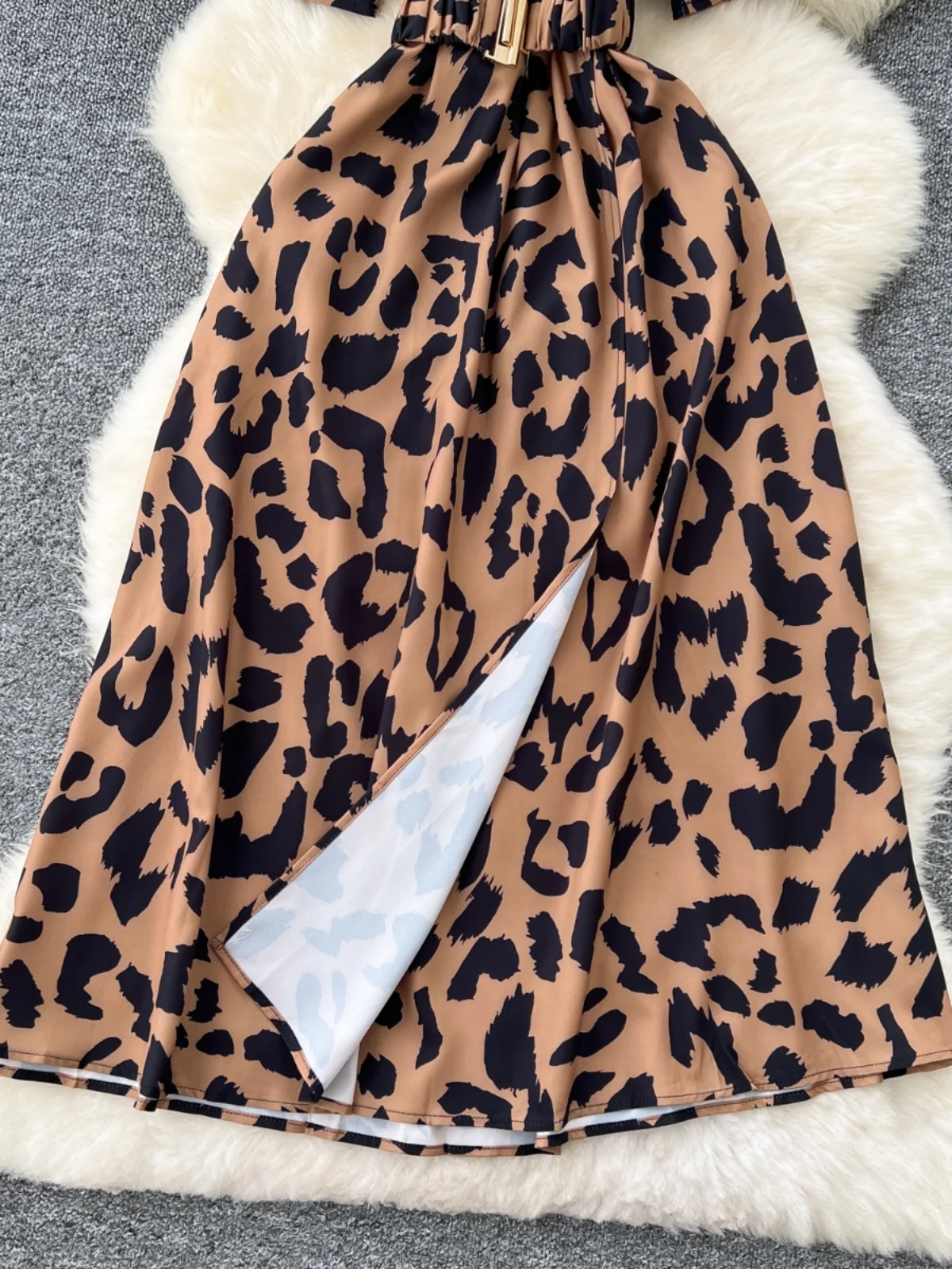 High Waist V-Ne Belted ort Sve Dr Women's A-Line Midi Dr Leopard Print Long Skirt Korean Sle Slimming Split