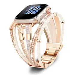 Women Leather strap for apple watch 40mm 41mm 44mm 45mm Stainless Steel Bracelet band for iwatch series 9 SE 8 7 6 5 4