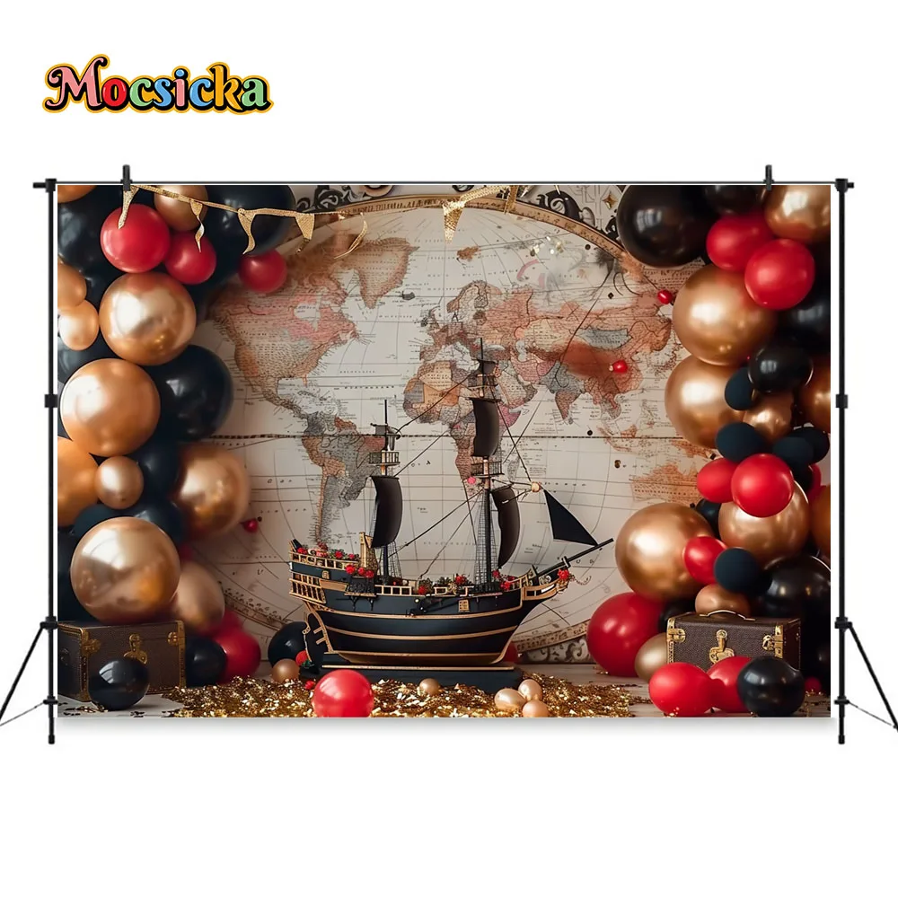 Pirate Boy Birthday Party Background Photography Gold Coins Treasure Ship Adventure Backdrop Black Red Balloon Wall Kids Photo