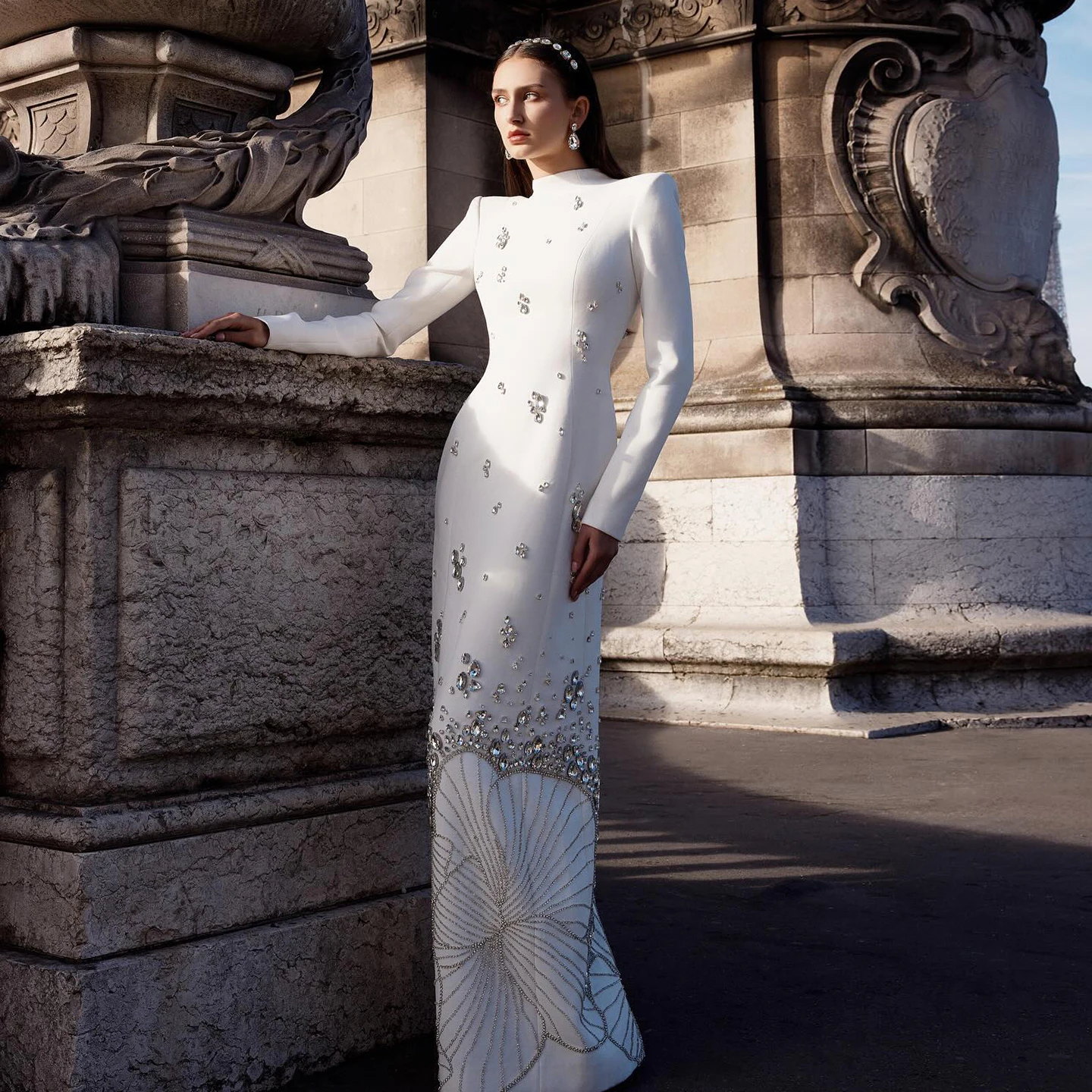 

Sharon Said Luxury Crystal White Muslim Evening Dresses High Neck Long Sleeves Arabic Women Wedding Party Gowns SS258 Customized