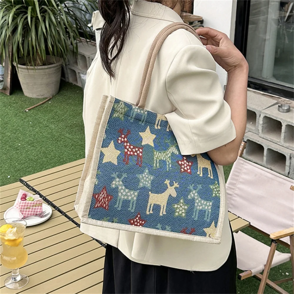 New Women Linen Handbag Eco-Friendly Shopping Bag Floral Style Large Capacity Retro Tote Shoulder Bag Commuter Organizer