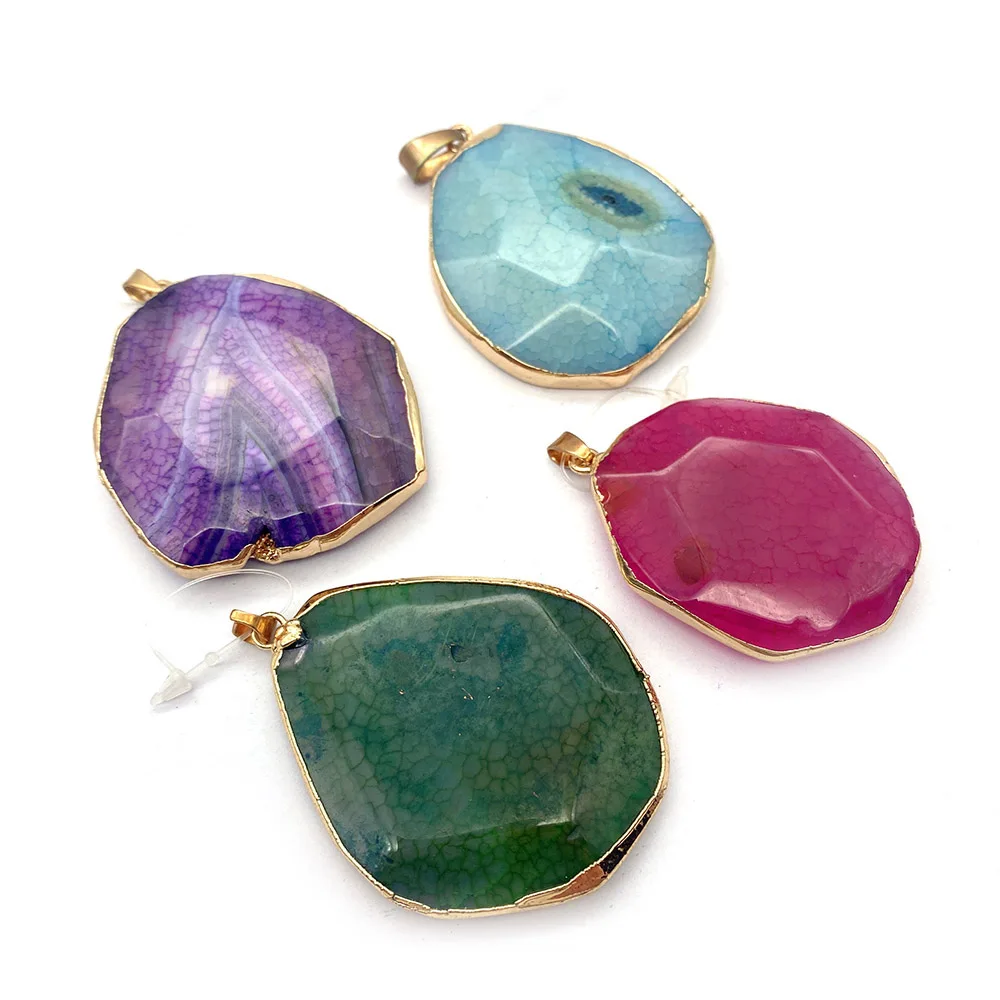 Polished Irregular Natural Stone Crystal Agate Pendant with Single-hole Melon Seed Clasp Gold-plated Edging for DIY Jewelry