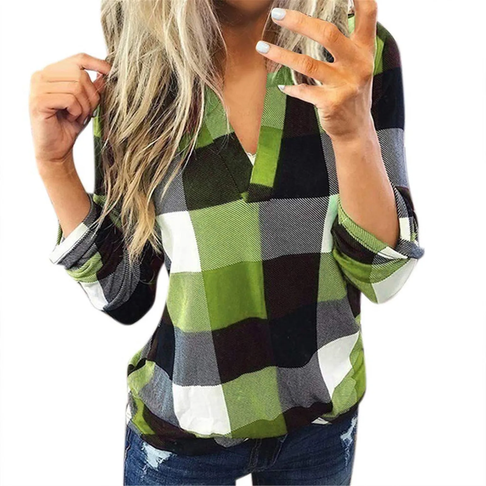 Women\'s Plaid Top Blouse Long Sleeve Cotton Checked Print V Neck Shirt Female Ladies Streetwear Comfty Tops Blusas Tunics 2022