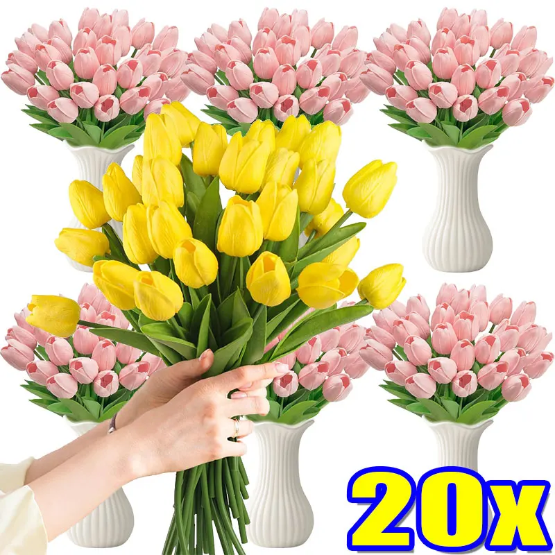 1-20 шт. Искусственные тюльпаны, реалистичные, в форме цветка, с натуральными лепестками и гибкими листьями, для декора дома, офиса, свадьбы, вечеринки