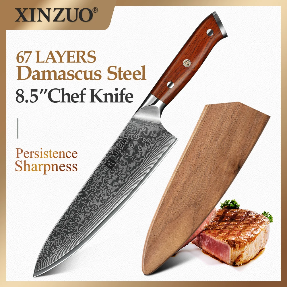 

XINZUO 8.5" Inches Chef Knife Damascus Kitchen Knife 60 HRC Top Quality Gyuto Knives Japanese Steel with Rose Wood Handle