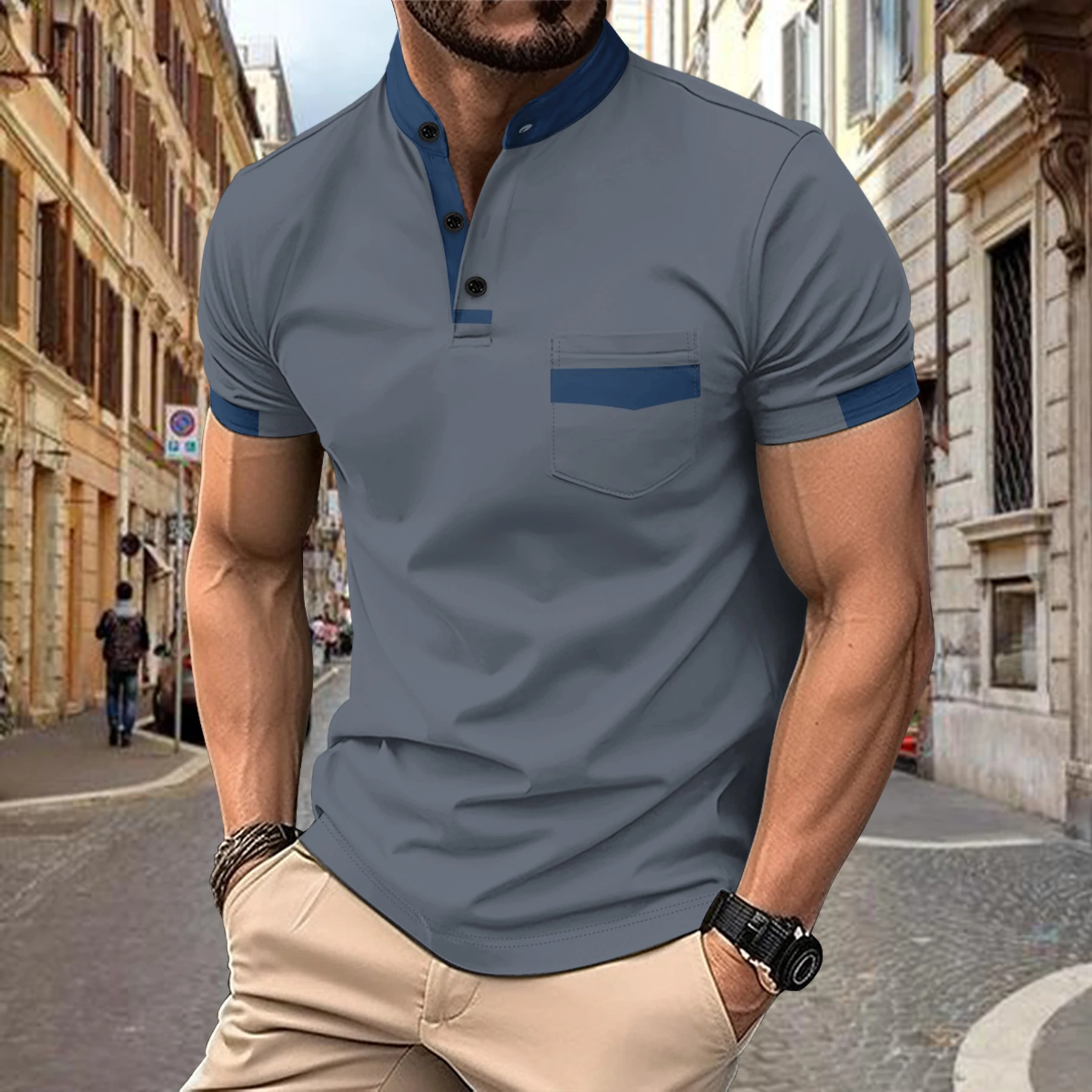 2024 Europe and The United States Men's Polo Shirt Traveling Casual Short Sleeve Shirt Stand Collar Color Matching ​Polo shir