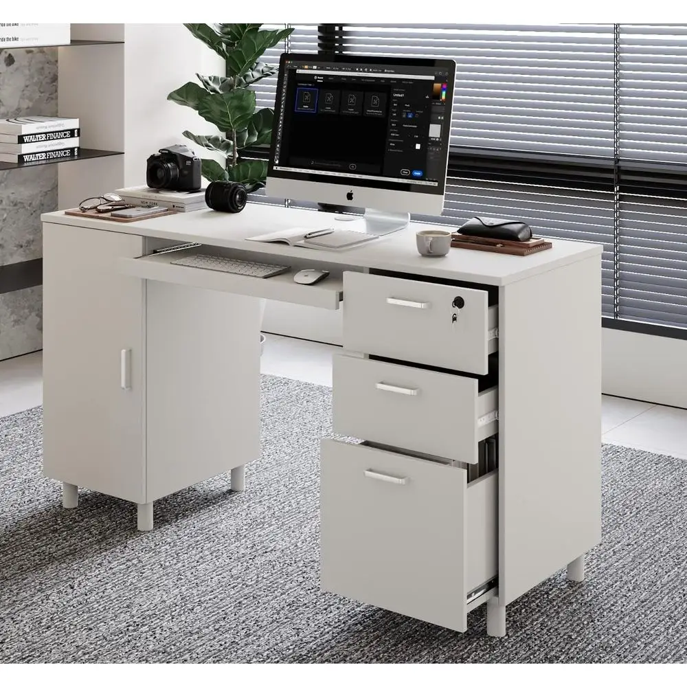 

Стол Venice 53 Executive с 3 запирающимися ящиками, шкафом для хранения и подставкой для клавиатуры белого цвета от Craft and Comfort
