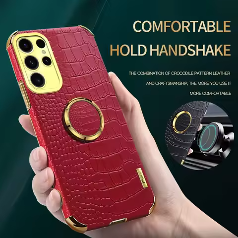 For Samsung Galaxy S20 FE S22 S21 Plus S23 S24 Ultra S25 Edge Phone Case Magnetic Ring Holder Crocodile Leather Soft Cover Cases