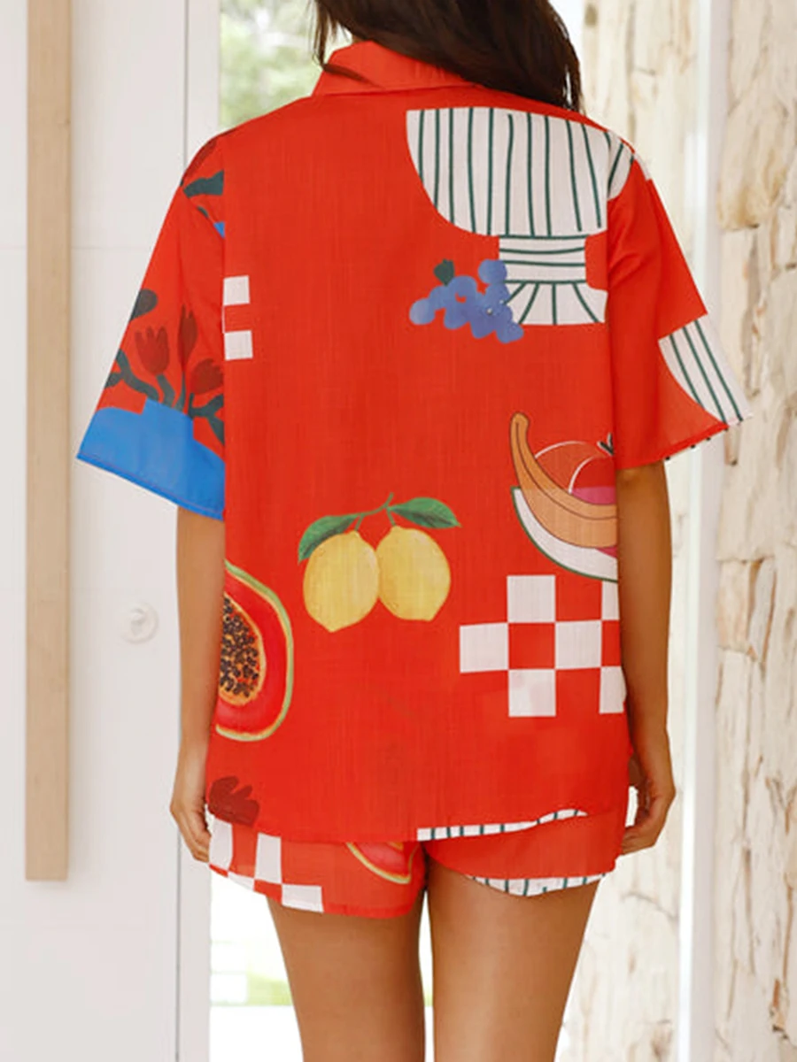 New Fashion Women Summer Pajamas Set Fruit Print Short Sleeves Button T-Shirt And Elastic Shorts For 2 Piece Loungewear S-XL