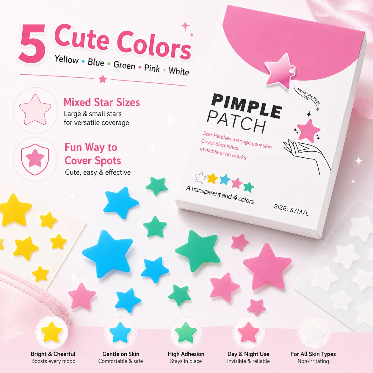 200PCS Star Shape Blemish Patch Invisible Clear Spot Cover Patches White Pink Green Blue Yellow Face Stickers for Daily Skin Car