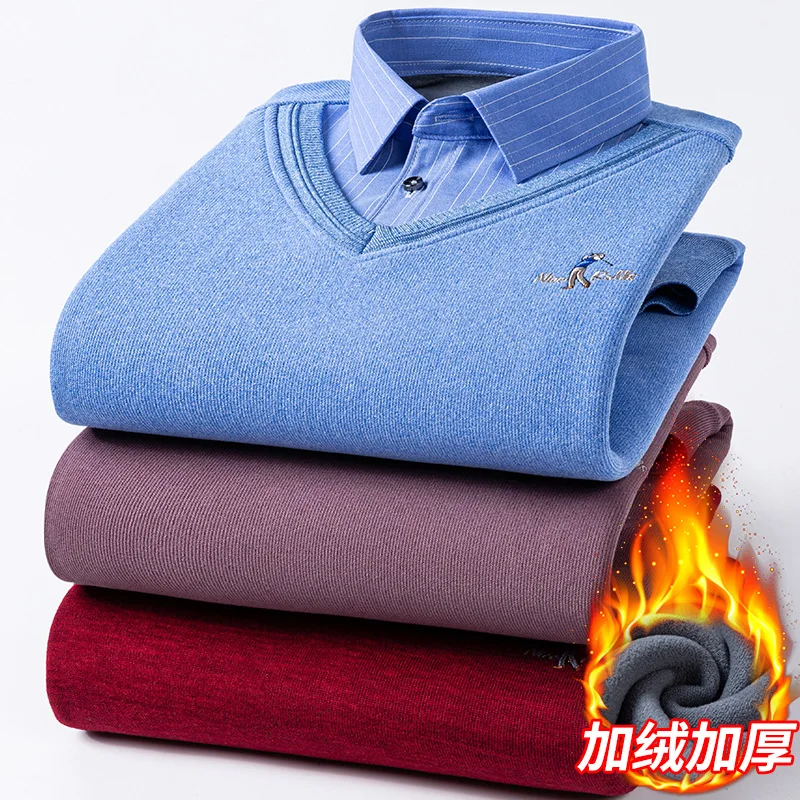 Neues Herren-Langarmhemd, gestrickt mit Fleece und verdickt, warmes Hemd, hochwertig, lässig, trendig, vielseitig und einfach