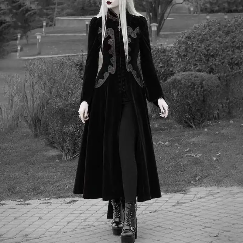 

Women's Gothic Velvet Long Coat - Exquisite Embroidered Waist-Cinching Maxi Coat, Vintage Victorian Style Outerwear with Multipl