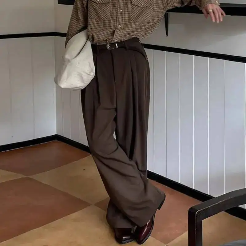 New Simple Men's Suit Trousers Pleated Design Korean Style Solid Color Wide Leg Straight All-amtch Male Trousers 9XS9OG