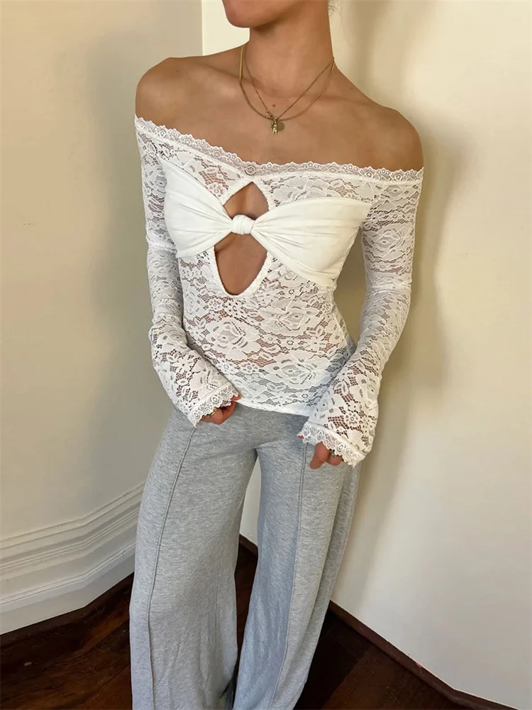 

Tossy Summer Lace Hollow Out T-shirt Female Sexy See-Through Printed Twist Patchwork Backless Y2k Top Pullover Women's Tee Top