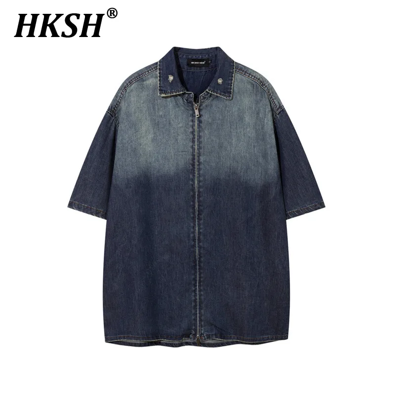 

HKSH Men's Tide Streetwear 2024 Summer New Denim Shirts High Street American Damaged Zipper Tie Dyed Chic Fashion Tops HK1951