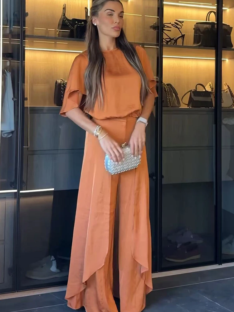 New Women Loose Long Pants Suits 2026 Casual Ruffles Short Sleeve Blouse And High Waist Ruffle Pants Two Piece Set Lady Outfit