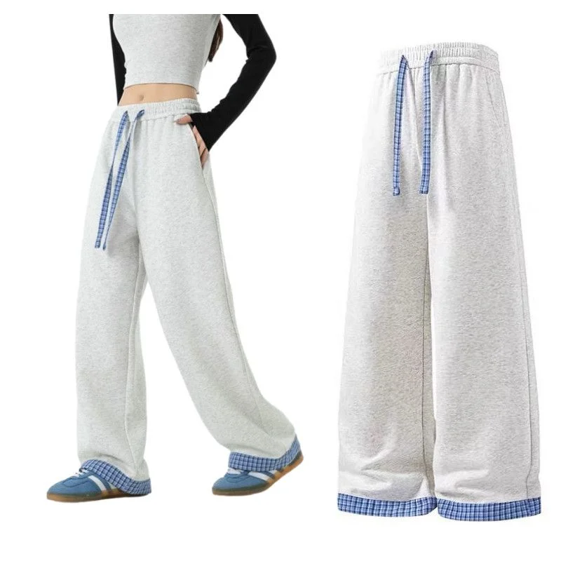 American Retro Plaid Splicing Casual Pants Women in Spring and Autumn Casual Versatile Loose Straight Drooping Pants
