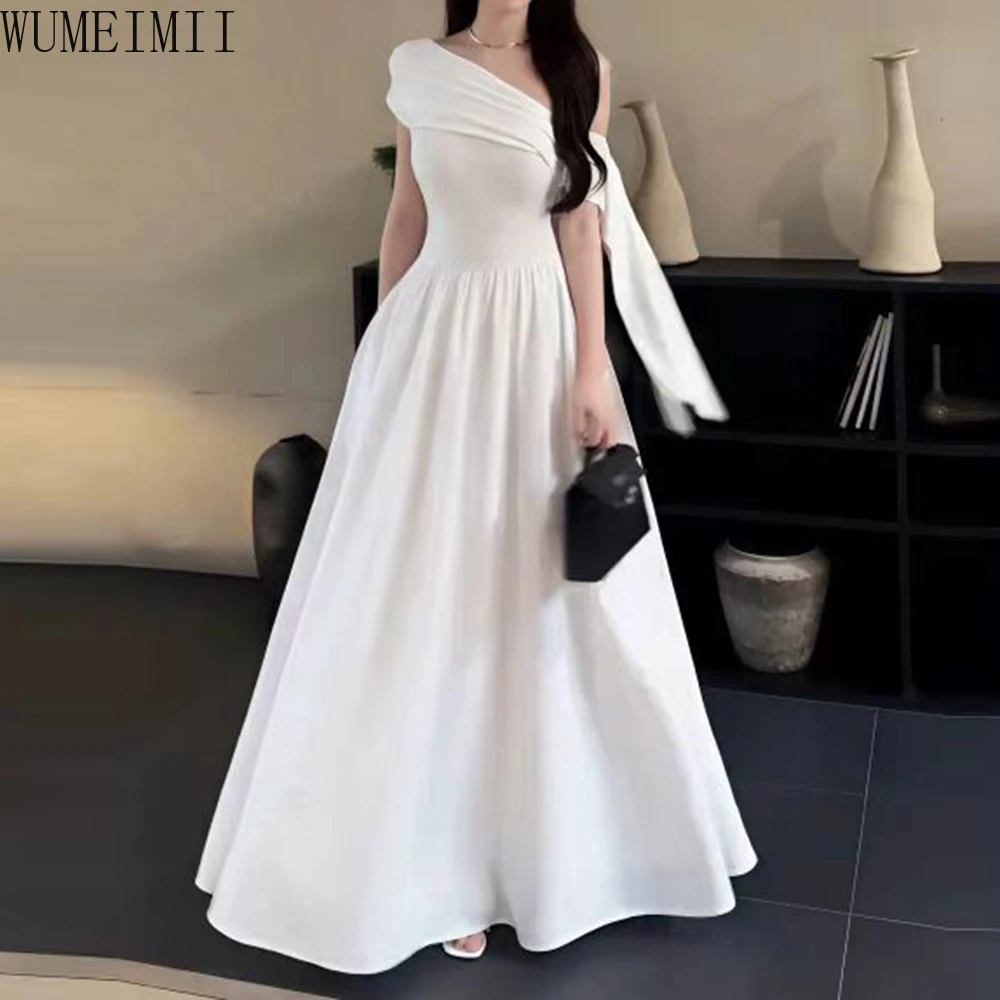 

Irregular streamer slanted shoulder sleeveless women's summer French slim skirt vacation waist white long dress
