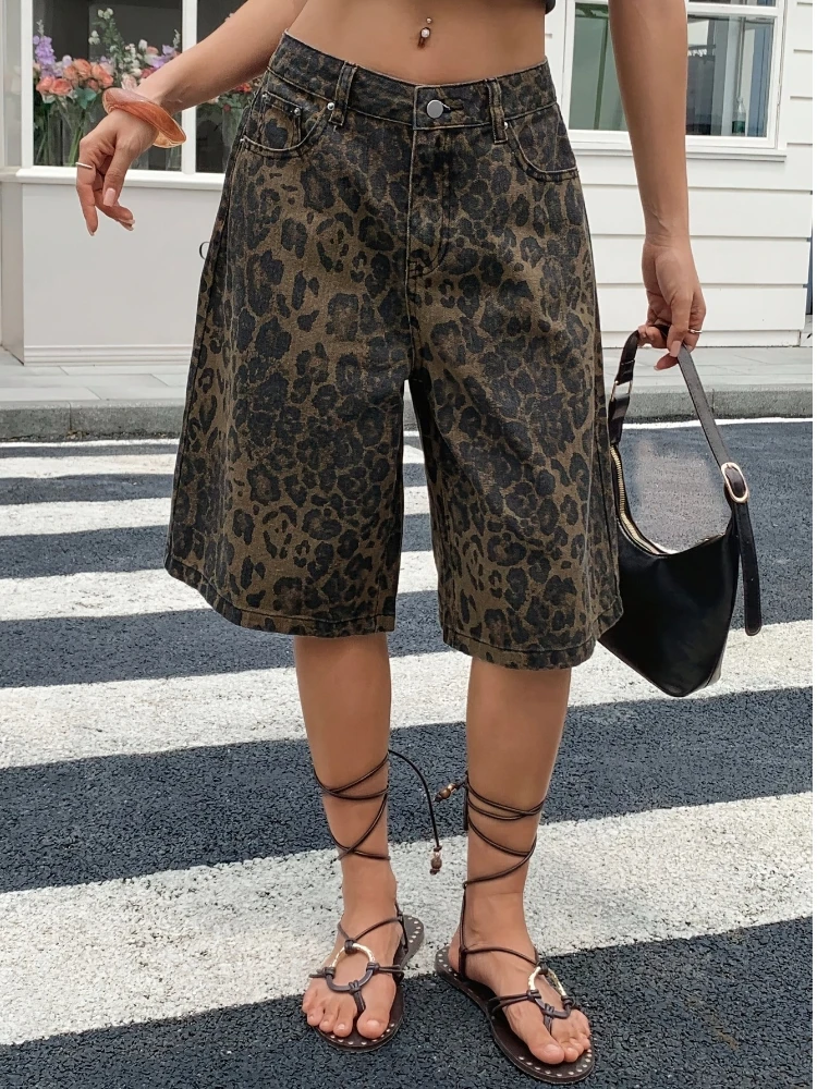 Vintage Leopard Print Bermuda Jeans Shorts Women High Waist Loose Wide Leg Summer Casual Streetwear  Denim Pants Fashion Daily